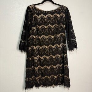 Jessica Howard Black & Tan Lace Three Quarter Sleeve Cocktail Dress. Sz 12P